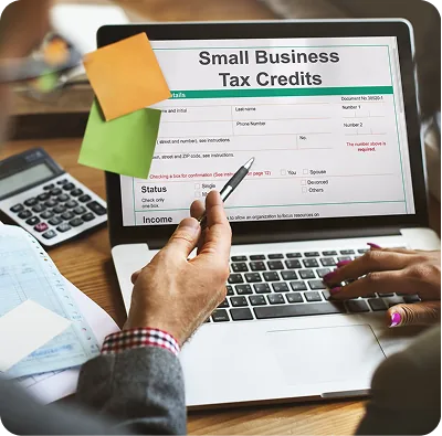 A small business owner reviewing tax credits on a laptop